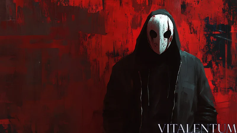 Hooded masked figure against distressed red abstract wall