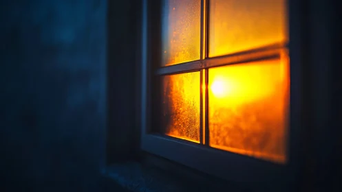 Sunset glow pours through a misted window pane softly.