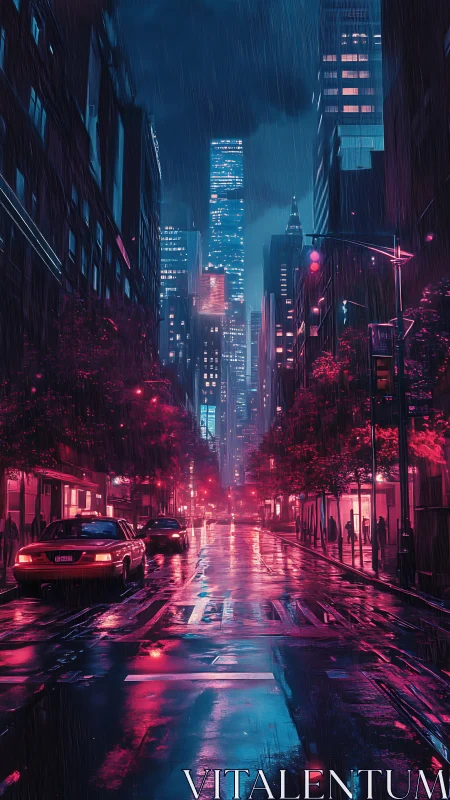 Neon-lit rainy avenue channels cinematic cyber-noir perspective