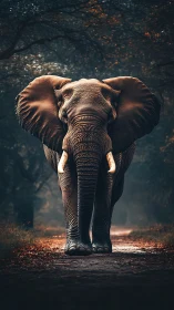 Majestic elephant strides along a misty forest path.