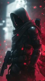 Hooded armored figure holds rifle amid red illuminated particles