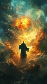 Robe figure walks into cosmic inferno of swirling fire.