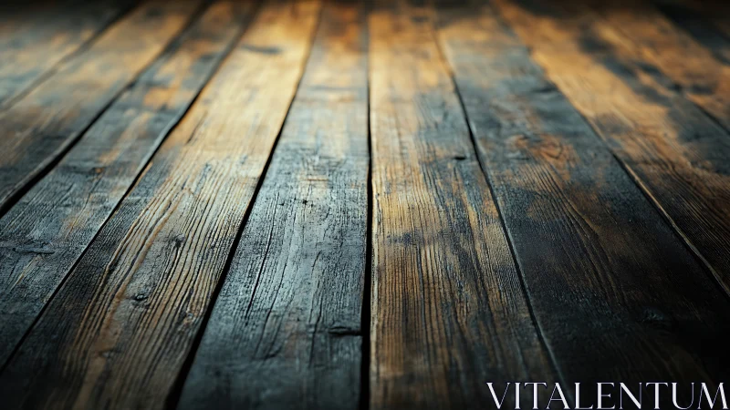 Weathered wooden floorboards glow under soft side light.
