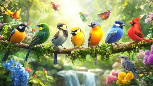 Colorful songbirds on a blossoming branch in vibrant digital art.