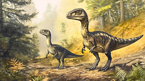 Juvenile theropod dinosaurs roaming sunlit forest path.