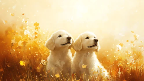 Golden puppies basking in soft autumn light together.