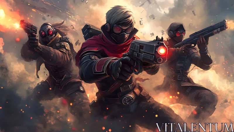 Masked rebel trio charging through swirling fire and smoke.