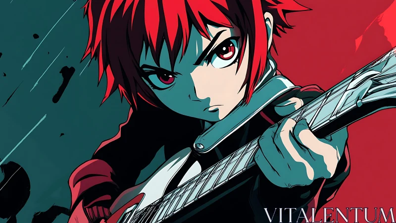 Red haired anime guitarist stares forward while playing electric guitar