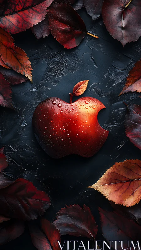 Crimson apple crest glistening amid stormy autumn leaves.