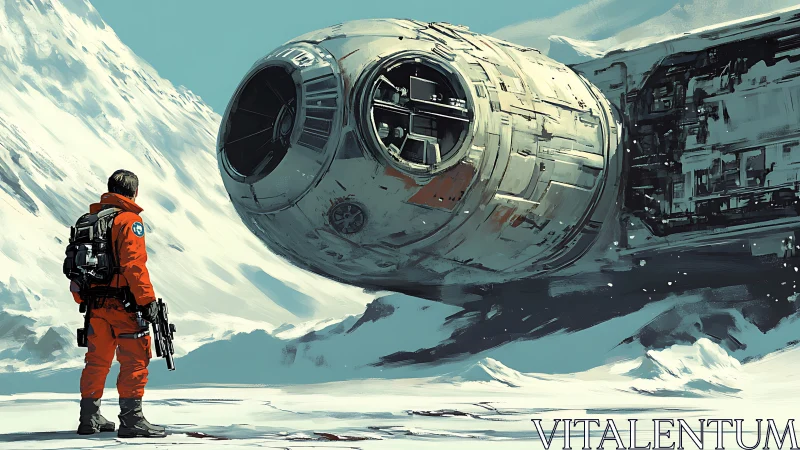Arctic crash surveyor with derelict cylindrical starship hull.