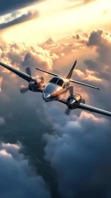 Sleek twin-engine airplane climbs through glowing sunset clouds.