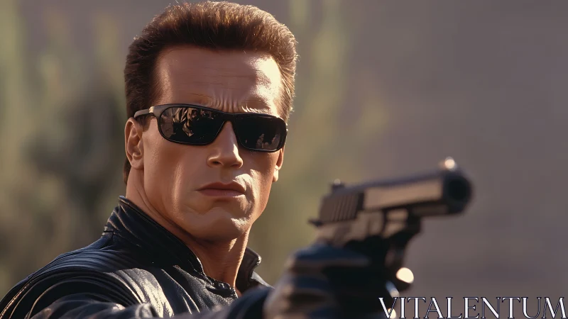 Photorealistic cyborg with handgun in black leather jacket.