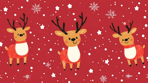 Playful cartoon reindeer on festive red snowflake field.