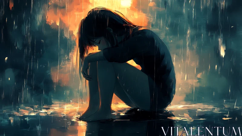 Solitary figure seated in heavy rain with backlit glow.