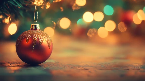 Red Christmas bauble hangs before blurred festive lights