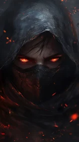 Hooded assassin with burning eyes emerges from shadow