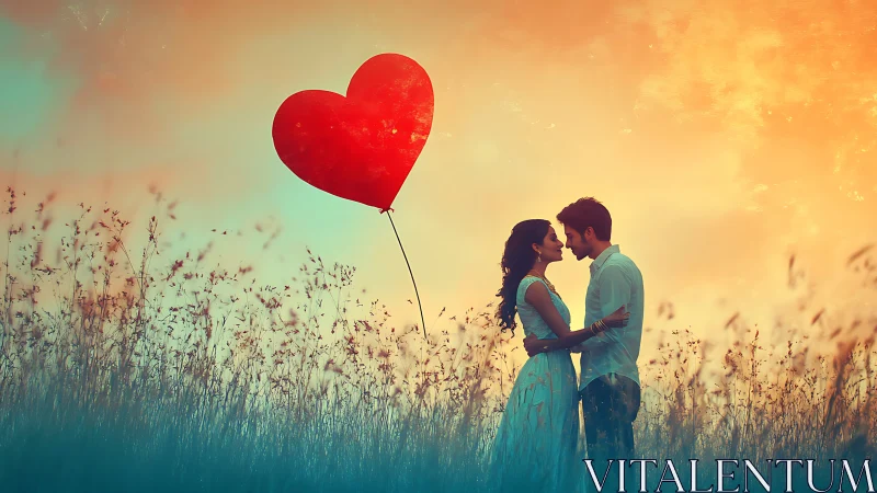 Couple in Wildflower Field Holding Red Heart Balloon