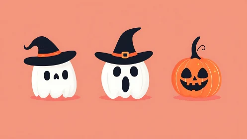 Whimsical ghost trio and pumpkin parade in soft pastels.