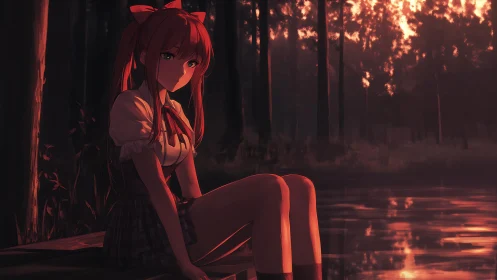 Forest-lake sunset girl wrapped in ember-tinted stillness.