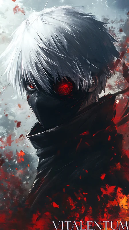 White-haired masked antihero amid swirling red embers.