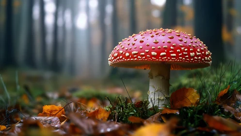 Fly agaric mushroom dominates misty autumn forest floor