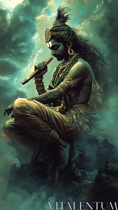 Krishna-like figure sits on rocky ledge playing wooden flute