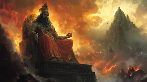Mythic warlord on burning throne before fiery mountain.