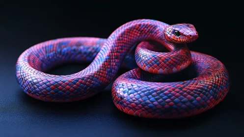 Coiled digital snake model shows detailed iridescent scales