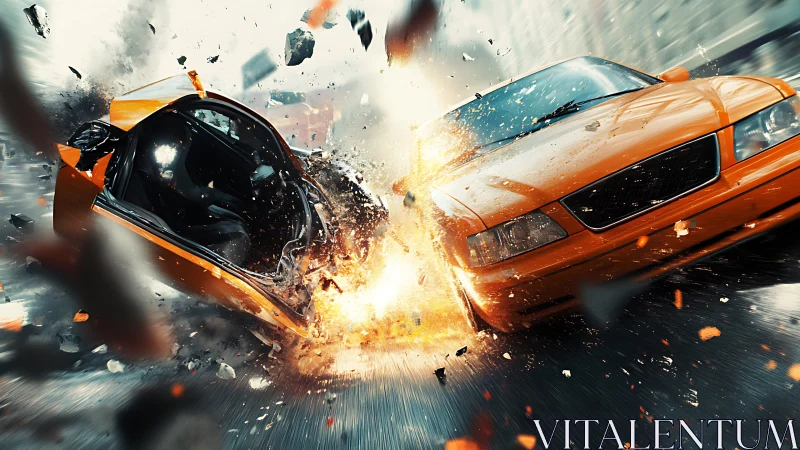 High speed orange car collision with explosive impact.