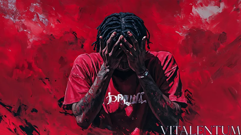 Expressive digital portrait of distressed figure in red field