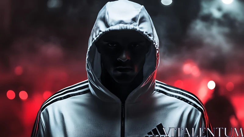 Hooded runner stands in glowing red urban night fog