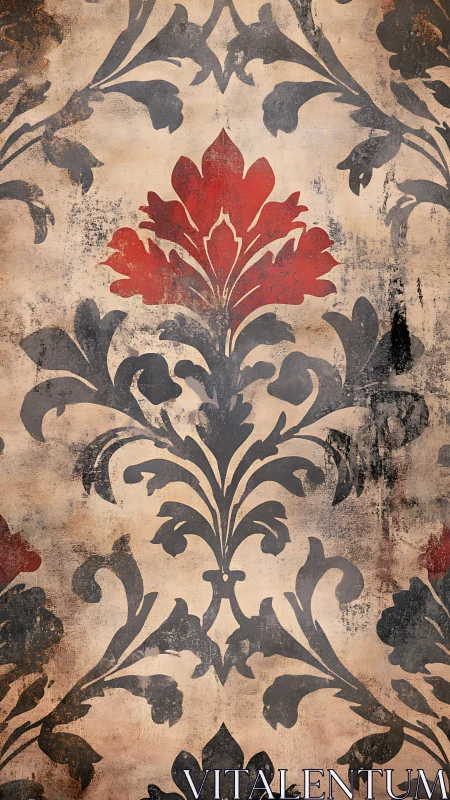 Weathered damask motif with bold red central flourish.
