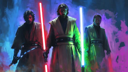 Three robed warriors hold glowing energy swords in mist