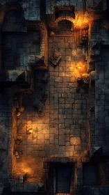 Torchlit Medieval Dungeon Chamber Overhead View.