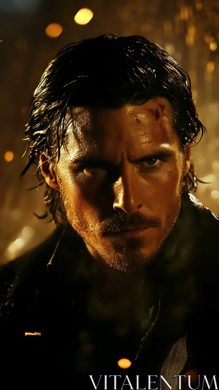 Wet-haired male subject in low-key portrait with sparks.