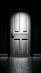 Monochrome paneled door in dramatic corridor lighting study.