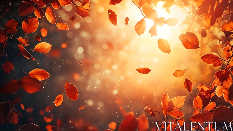 Autumn leaves glowing in golden sunset forest light.