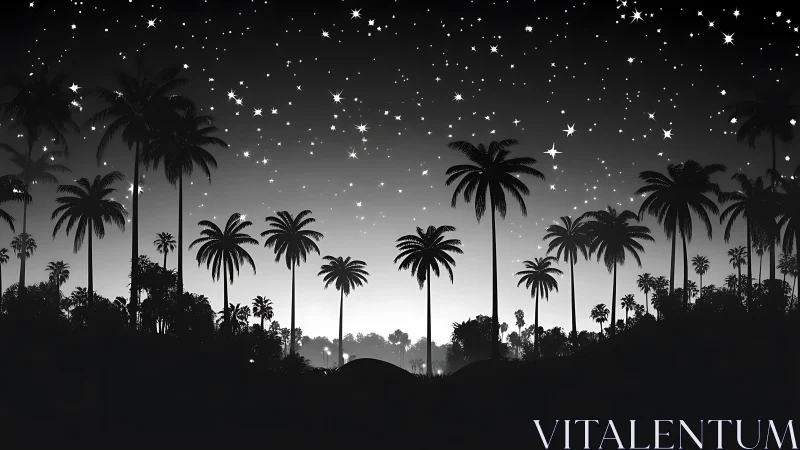 Monochrome palm tree silhouettes under dense, high-contrast starlit sky