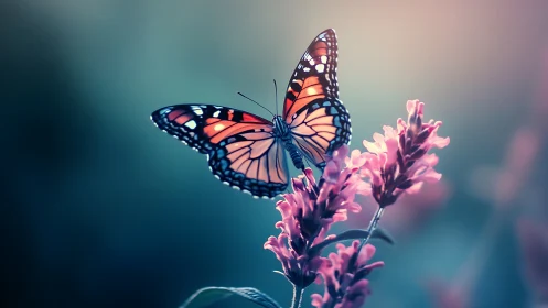Twilight-winged butterfly pausing atop soft pink blossoms.