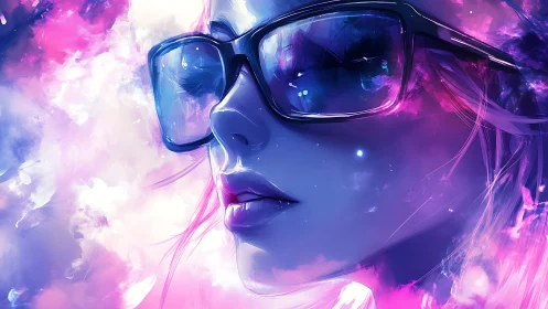 Nebula reflections curl softly across her dreaming glasses