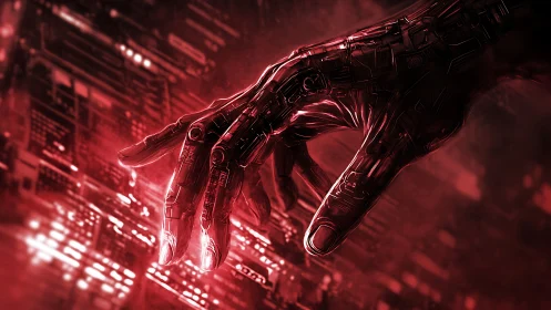 Cybernetic hand interfaces with glowing circuit grid in red fog