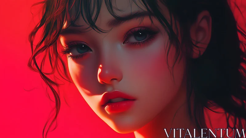 Hyperreal digital portrait under saturated red rim lighting