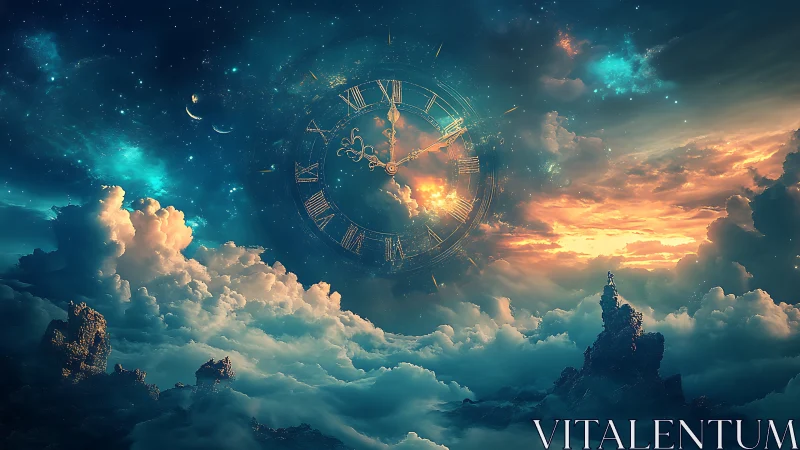 Dreamy sky clock floating over glowing sunset clouds.