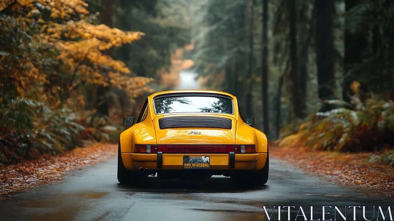 Yellow classic sports car on wet autumn forest road.