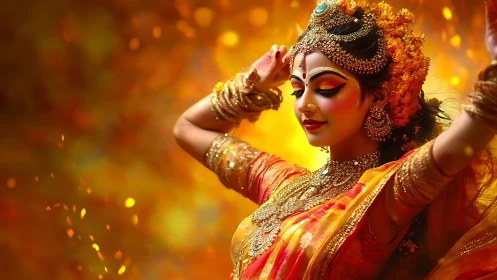 Divine classical dancer glows in molten golden light.