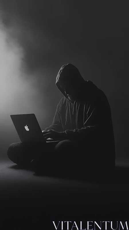 Hooded midnight coder carving secrets from grayscale fog.
