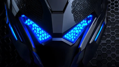 Futuristic robotic helmet with glowing blue lights and hexagonal texture.