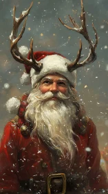 Regal winter saint with reindeer antlers in snowfall.
