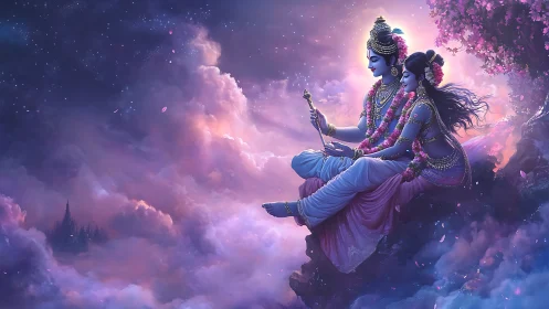 Divine couple seated on a glowing cloud cliff at dusk