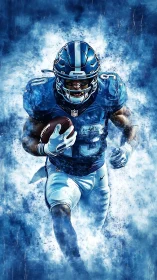 Storm-surge running back explodes through electric blue haze.